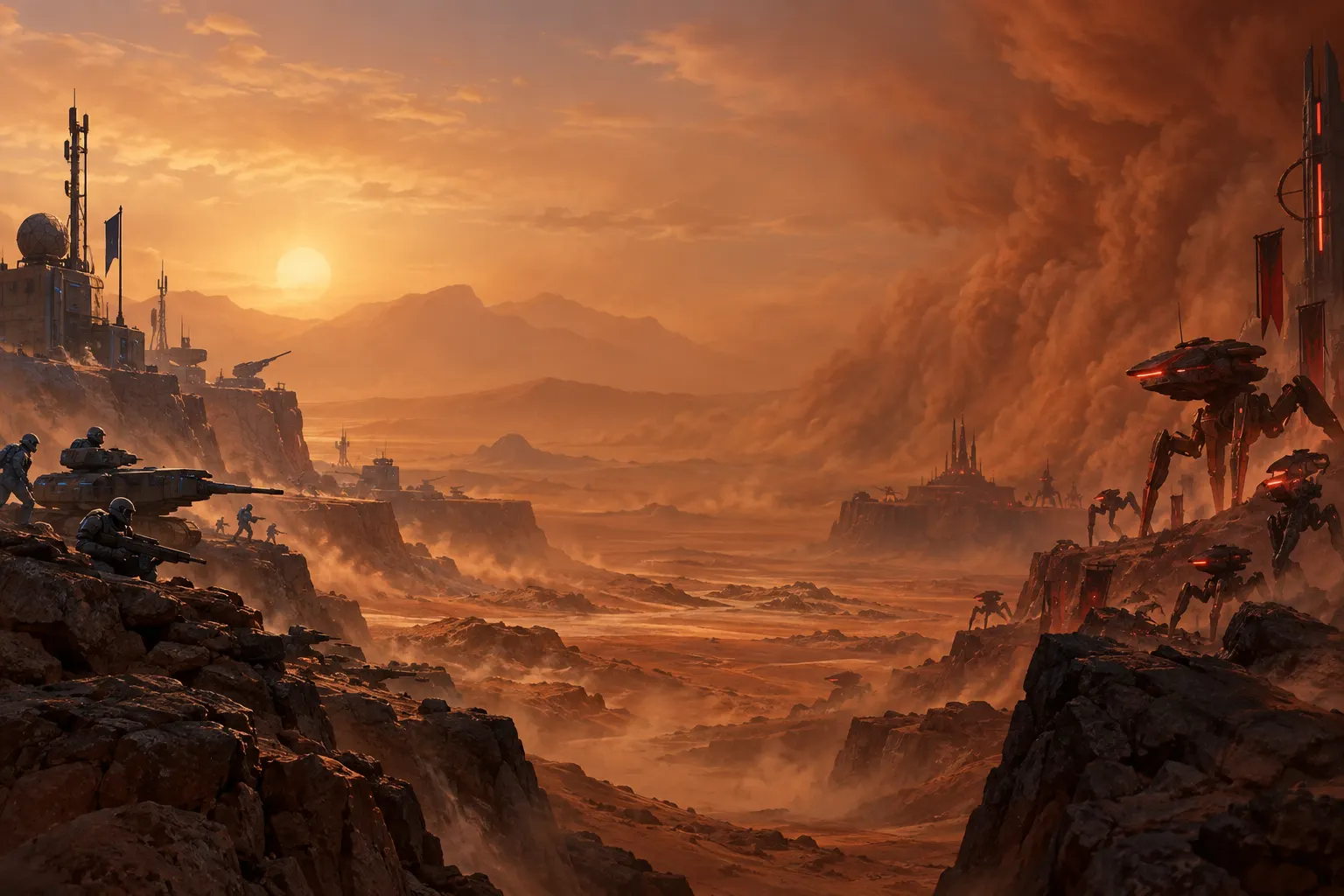 Blue-lit human forces face red Machines through a Martian dust storm.